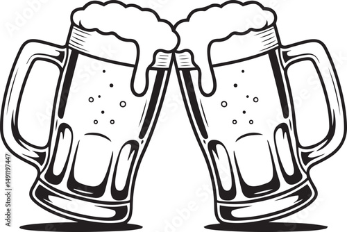 Clinking Beer Mugs with Foam Outline Illustration