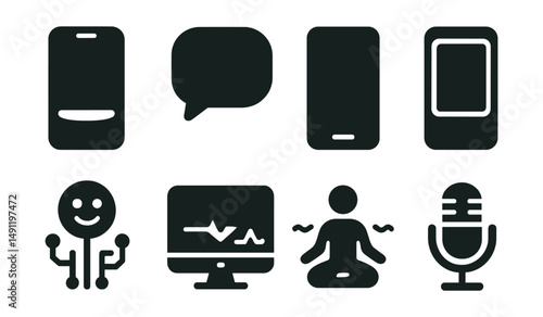 Solid style icons of digital mental health tools: meditation app, therapy chatbot, mood tracking app, sleep sounds, emotional AI icon, wellness dashboard, breathing guide, voice journaling.
