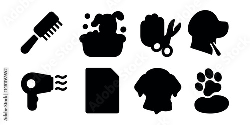 Solid style icons of pet care essentials: pet food bowl, grooming brush, water dispenser, litter box, collar with tag, pet bed, leash, pet shampoo bottle.