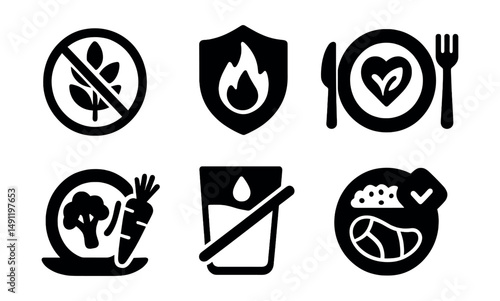 Solid style icons of special diets: gluten-free icon, keto badge, vegan plate, vegetarian dish, dairy-free cup, paleo meal, low-FODMAP chart, allergy-safe tag.