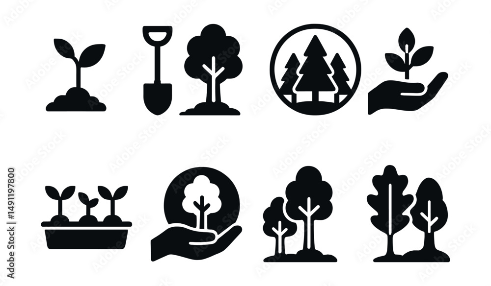 © VideoHub - Solid style icons of tree planting and forest care: sapling icon, shovel and tree, reforestation badge, planted hand, seedling tray, tree protection icon, forest growth, native species icon.