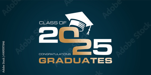 Class of 2025 graduation greetings in gold with college and high school graduation caps for t-shirts, flyers and greeting cards