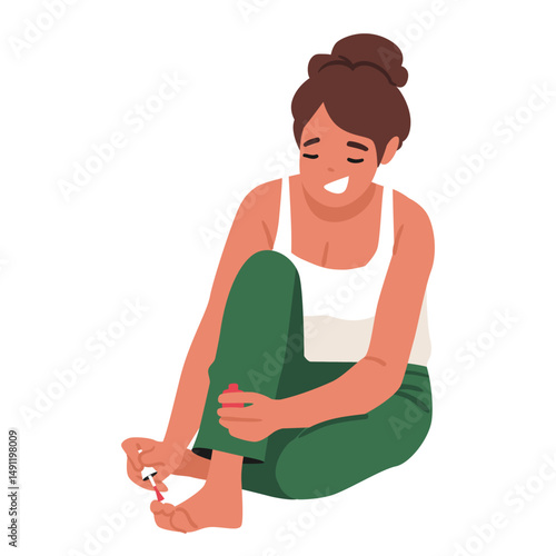 Young woman cartoon character painting nails on foot with varnish isolated on white background