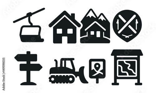 Solid style icons of ski resort infrastructure: ski lift cable, chalet icon, mountain lodge, rental shop, ski school badge, trail signage, snow plow, map kiosk.