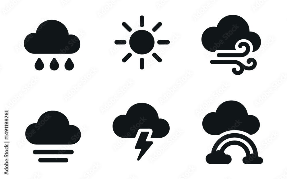 Solid style icons of seasonal weather: spring shower, summer sun, autumn wind, winter snow, cloudy icon, fog symbol, thunderstorm, rainbow. Solid style icons of seasonal weather: spring shower, summer sun, autumn wind, winter snow, cloudy icon, fog symbol, thunderstorm, rainbow.