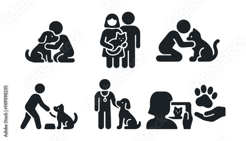 Solid style icons of pets as family: dog with child, family with cat, pet cuddle, feeding pet, walk together, vet visit, pet photo, paw in hand.