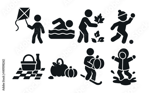 Solid style icons of seasonal activities: kite flying, lake swim, leaf collecting, snowball play, picnic icon, pumpkin picking, sledding hill, puddle jumping.