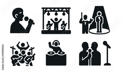 Solid style icons of music performance: singer with mic, live concert stage, orchestra conductor, soloist spotlight, band jam session, DJ booth, microphone stand, music duet.