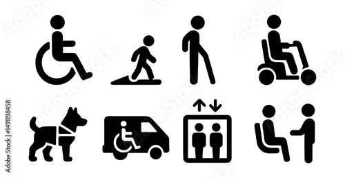 Solid style icons of mobility aids and accessibility: wheelchair icon, ramp access, walking cane, mobility scooter, guide dog, accessible van, elevator icon, priority seat.