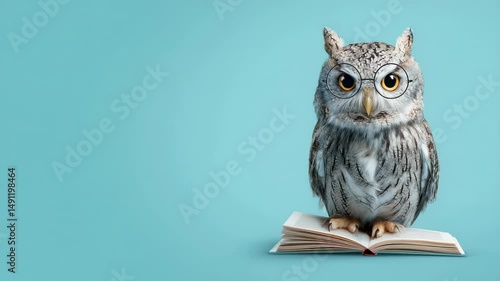 Wallpaper Mural Wise owl sitting on open book with blue background symbolizing knowledge, wisdom, and education concept Torontodigital.ca