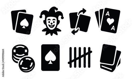 Solid style icons of card games: playing cards, joker icon, deck shuffle, winning hand, game chips, trump card, score tally, draw pile.