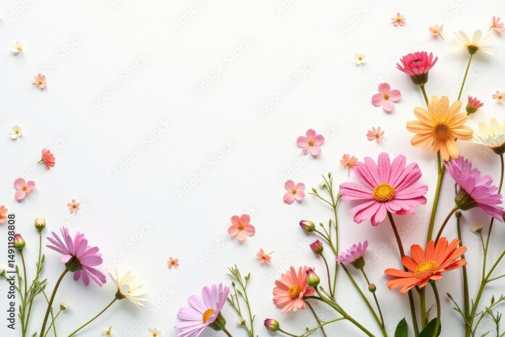 Delicate, scattered wildflowers on white background, bloom, art, wildflowers Delicate, scattered wildflowers on white background, bloom, art, wildflowers