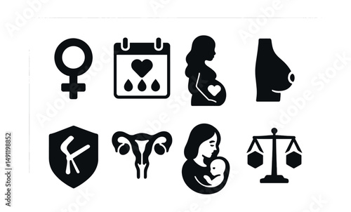 Solid style icons of women’s health: female symbol, menstrual tracker, prenatal care icon, breast health, gynecology badge, pelvic health icon, mother wellness, hormone balance.