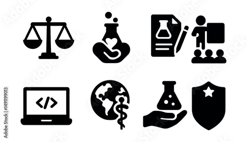 Solid style icons of science and society: ethics scales, science for good, policy paper, public lecture, open data icon, global health science, science funding, citizen scientist badge.