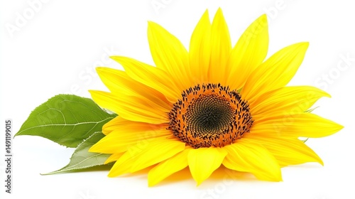 A vibrant, bright yellow sunflower stands alone against a bright background.