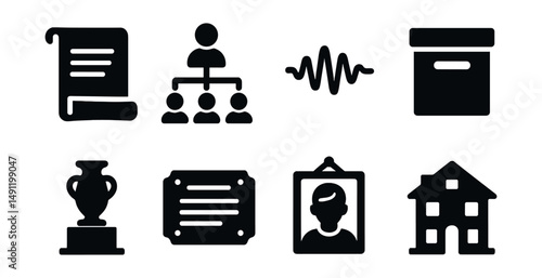 Solid style icons of cultural heritage: ancient scroll, family tree icon, oral history wave, archive box, museum artifact, historical plaque, ancestor portrait, heritage house.