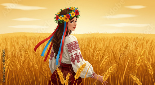 Vector Illustration of Ukrainian Woman with Floral Vinok and Embroidered Dress in Sunlit Wheat Field