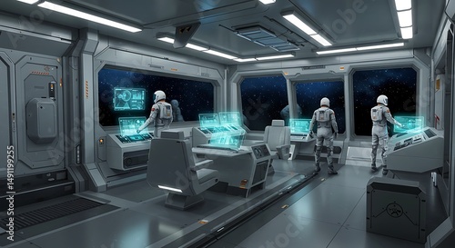 Fototapeta Naklejka Na Ścianę i Meble -  Robots in futuristic spaceship control room