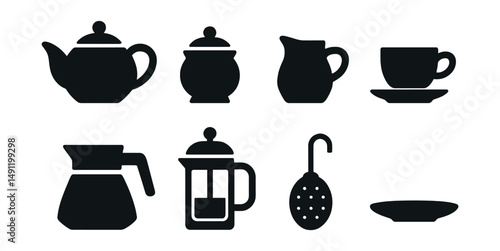 Solid style icons of tea and coffee service: teapot, sugar bowl, milk jug, espresso cup, coffee pot, French press, tea infuser, saucer.