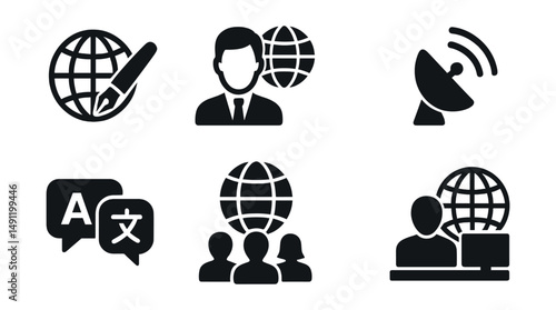 Solid style icons of global journalism: globe with pen, world correspondent, international news outlet, satellite signal icon, translation bubble, world media conference, global broadcast map, region