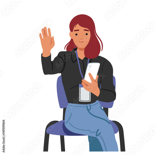 Young woman journalist cartoon character with raised hand on press-conference isolated on white
