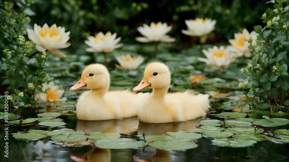 Two yellow ducklings swimming peacefully in a lily pond surrounded by blooming white water lilies Two yellow ducklings swimming peacefully in a lily pond surrounded by blooming white water lilies
