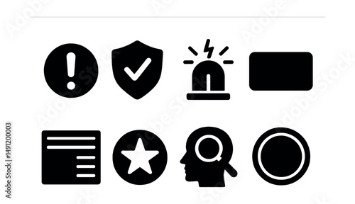 Solid style icons of fake news awareness: red exclamation icon, fact-check badge, misinformation alert, satire news tag, false headline mark, trusted source icon, hoax detector, verification stamp.