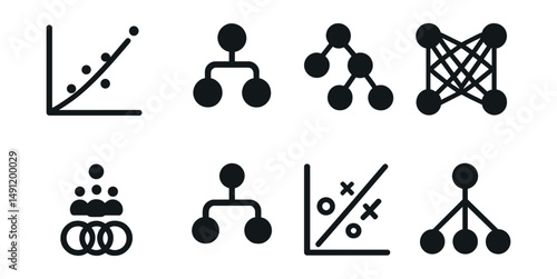 Solid style icons of ML model types: regression model, classification tree, clustering icon, neural network, ensemble method, decision tree, support vector machine, Bayesian model.