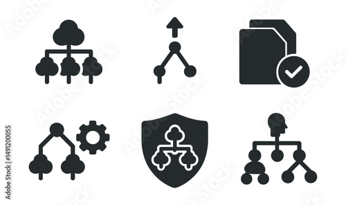 Solid style icons of ensemble models: random forest tree, boosted model icon, bagging set, model average icon, voting classifier, ensemble gear, diverse model badge, meta learner.