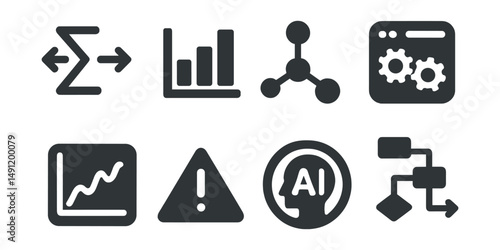 Solid style icons of model interpretability: SHAP value icon, feature importance graph, explanation node, model transparency, interpretability chart, black-box warning, explain AI badge, decision