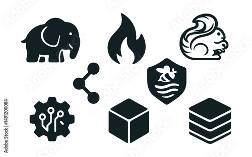 Solid style icons of big data tools: Hadoop logo icon, Apache Spark flame, Flink stream icon, Airflow pipeline, Hive badge, Presto gear, Druid cube, data stack icon.
