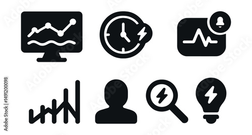 Solid style icons of real-time analytics: stream dashboard, latency badge, data refresh icon, live alert, time series stream, real-time viewer, rapid query icon, instant insight.