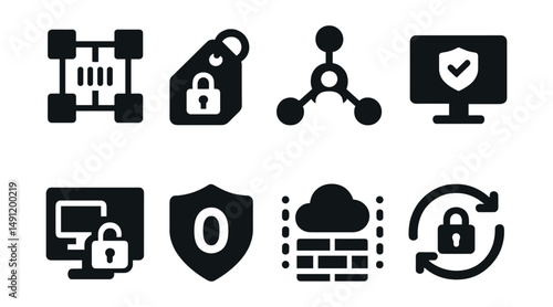 Solid style icons of zero trust architecture: micro-segmentation icon, least privilege tag, identity verification node, real-time policy, adaptive access, zero trust core, trust boundary, continuous