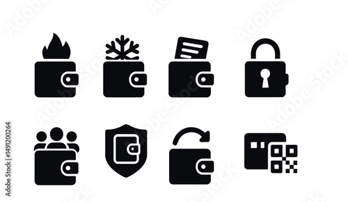 Solid style icons of blockchain wallets: hot wallet, cold storage, seed phrase icon, private key lock, multisig wallet, hardware wallet badge, wallet sync, address QR.