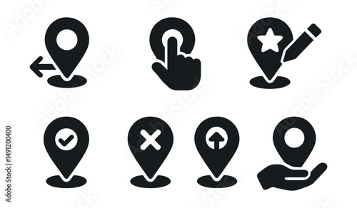 Solid style icons of location interaction: drag pin icon, tap to drop, set as default, edit location, pin with check, pin with cross, move marker, hold to pin.