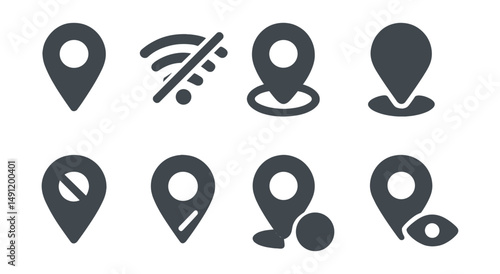 Solid style icons of offline location: greyed pin, no signal icon, offline map pin, static marker icon, no access pin, disabled location, cached pin, hidden location icon.