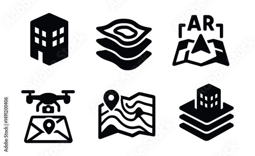 Solid style icons of 3D and advanced maps: 3D building icon, topography layers, elevation lines, AR map icon, drone view, map with height icon, 3D navigation path, city layers stack.