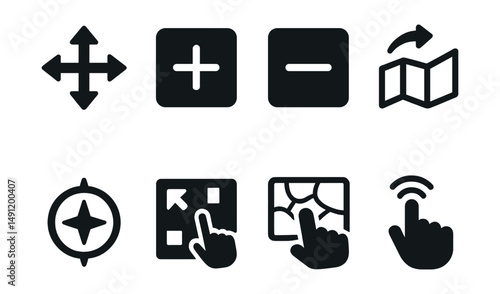 Solid style icons of interactive map features: pan icon, zoom in, zoom out, rotate map, compass icon, fullscreen toggle, map drag gesture, touch navigation.