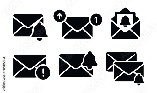 Solid style icons of email and inbox alerts: email with bell, inbox notification, unread mail icon, newsletter bell, mailing alert, reply notice, flagged message bell, email thread alert.