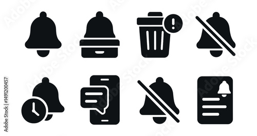 Solid style icons of outdated and dismissed alerts: old bell icon, archived notification, cleared alerts bin, alert with strikethrough, time-passed bell, disabled push, bell with slash, notification