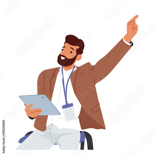 Young bearded businessman cartoon character answering question pointing with raised hand aside