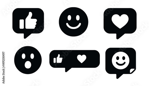 Solid style icons of message reactions: like bubble, smile emoji in bubble, thumbs up, heart icon bubble, surprised face bubble, reaction bar, expression icon, sticker bubble.