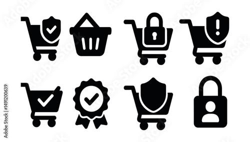 Solid style icons of security and protection: cart with shield, secure basket icon, encrypted cart, checkout lock, fraud alert basket, verified payment cart, trust badge, privacy icon.