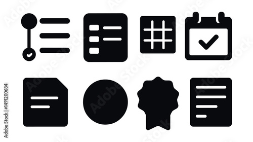 Solid style icons of checklist and planning tools: plan step complete, daily task check, habit tracker tick, calendar with check, note with tick, organized badge, confirmed schedule, planner row done