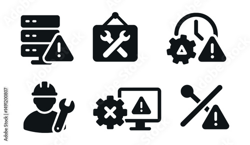 Solid style icons of maintenance and service alerts: server down warning, under maintenance sign, service interruption icon, downtime alert badge, technician required symbol, failed service icon,