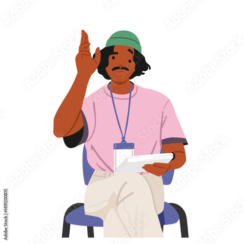 Casual hipster guy cartoon character asking question sitting with raised hand isolated on white