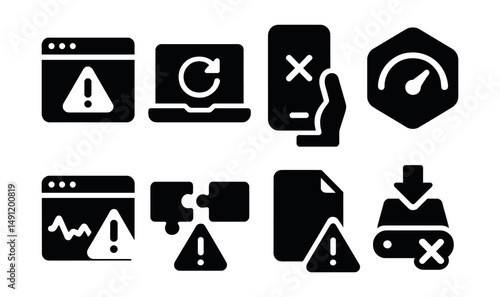 Solid style icons of software and app warnings: install failure alert, update blocked icon, permission denied symbol, unstable version badge, crash on startup icon, plugin conflict alert, missing