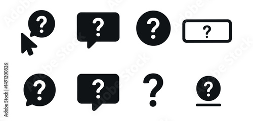 Solid style icons of interactive guidance: hover for help icon, tooltip question, info with question mark, question in form field, popover help icon, contextual “?”, floating guide icon, inline help
