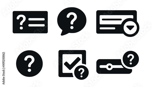 Solid style icons of questions in forms and UI: form label with question, survey question bubble, question tooltip on field, dropdown with question icon, uncertain radio option, checkbox with “?”,