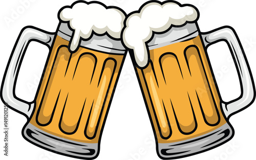 Two beer mugs toasting with frothy beer. Vintage Style Vector Illustration with a white background.